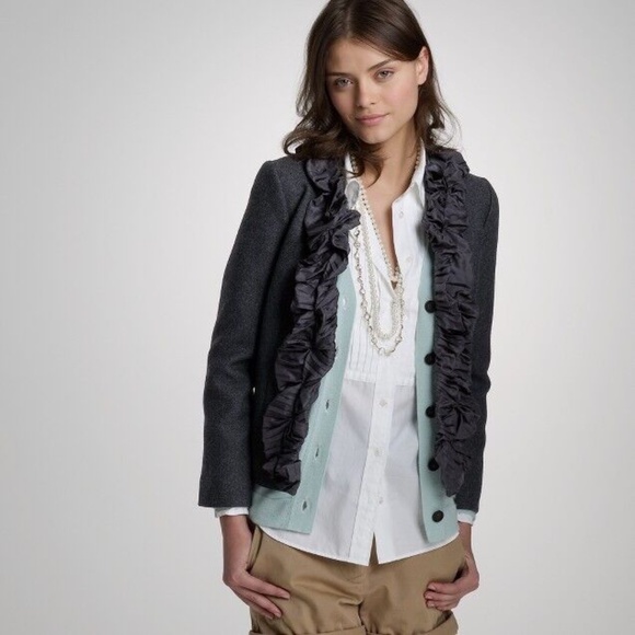 J. Crew Gray Wool Chimera Silk Ruffle Collar Blazer Jacket Charcoal Gray - Picture 2 of 8